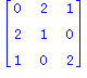 (Typesetting:-mprintslash)([matrix([[0, 2, 1], [2, 1, 0], [1, 0, 2]])], [table( [( 3, 1 ) = 1, ( 1, 3 ) = 1, ( 3, 3 ) = 2, ( 1, 1 ) = 0, ( 2, 1 ) = 2, ( 2, 3 ) = 0, ( 3, 2 ) = 0, ( 2, 2 ) = 1, ( 1, 2 ...