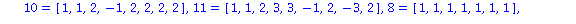(Typesetting:-mprintslash)([bw := TABLE([1 = [1, 1, 1], 2 = [1, -2, 1, -2], 3 = [1, 1, 1, 1, 1], 5 = [-1, 2, -1, 3, -2, 3, 2], 4 = [1, 1, 2, 2, -1, 2], 7 = [-1, 2, 2, -1, -1, 2], 6 = [-1, 2, -1, 2, 2,...