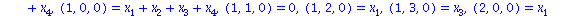 (Typesetting:-mprintslash)([ARRAY([0 .. 3, 0 .. 3, 0 .. 0], [(0, 0, 0) = 0, (0, 1, 0) = x[1]+x[3], (0, 2, 0) = x[1]+x[2], (0, 3, 0) = x[3]+x[4], (1, 0, 0) = x[1]+x[2]+x[3]+x[4], (1, 1, 0) = 0, (1, 2, ...