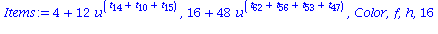 Items := 4+12*u^(t[14]+t[10]+t[15]), 16+48*u^(t[62]+t[56]+t[53]+t[47]), Color, f, h, 16